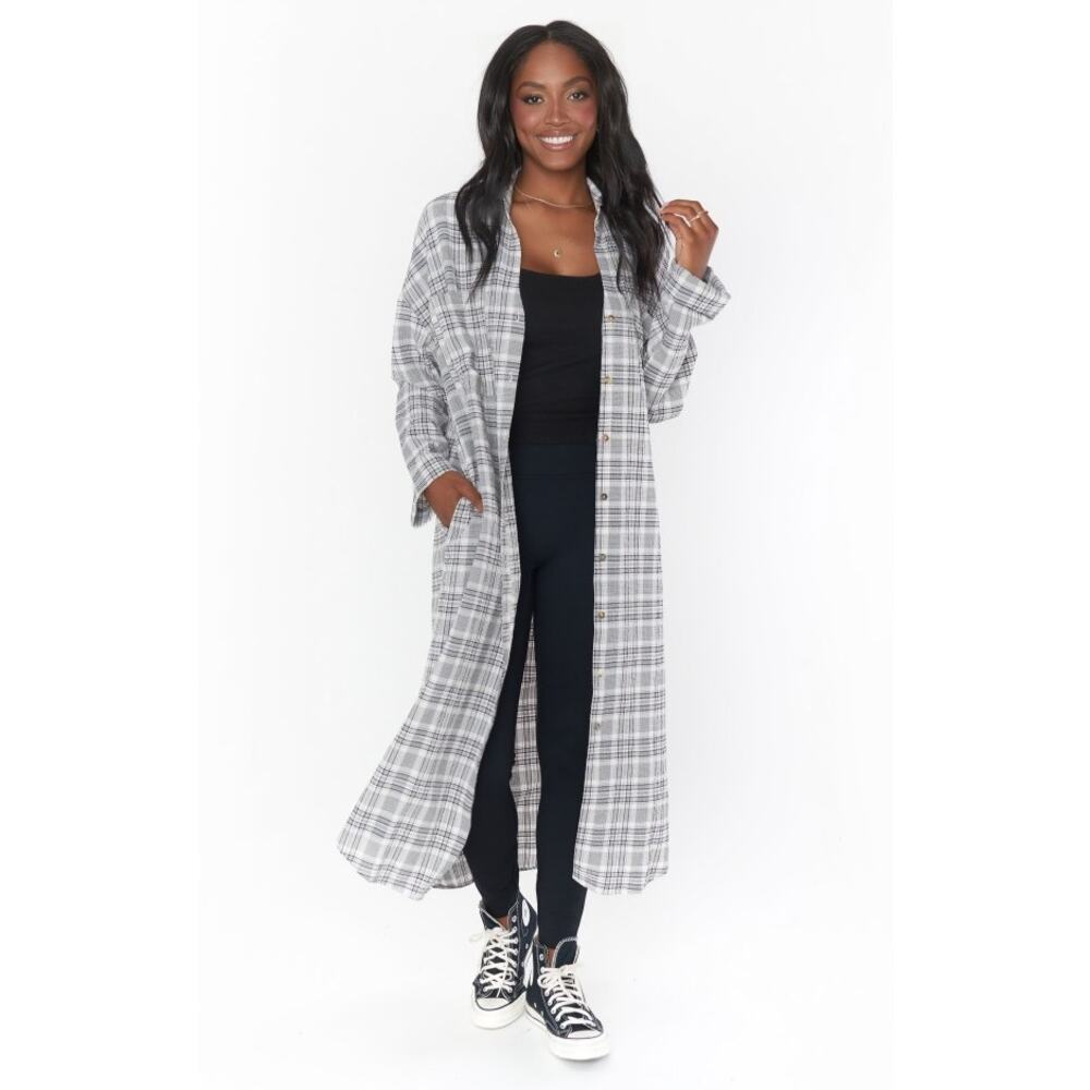 Show Me Your Mumu Leo Button Down Tunic Windowpane Plaid Large‎ Pockets Stretch